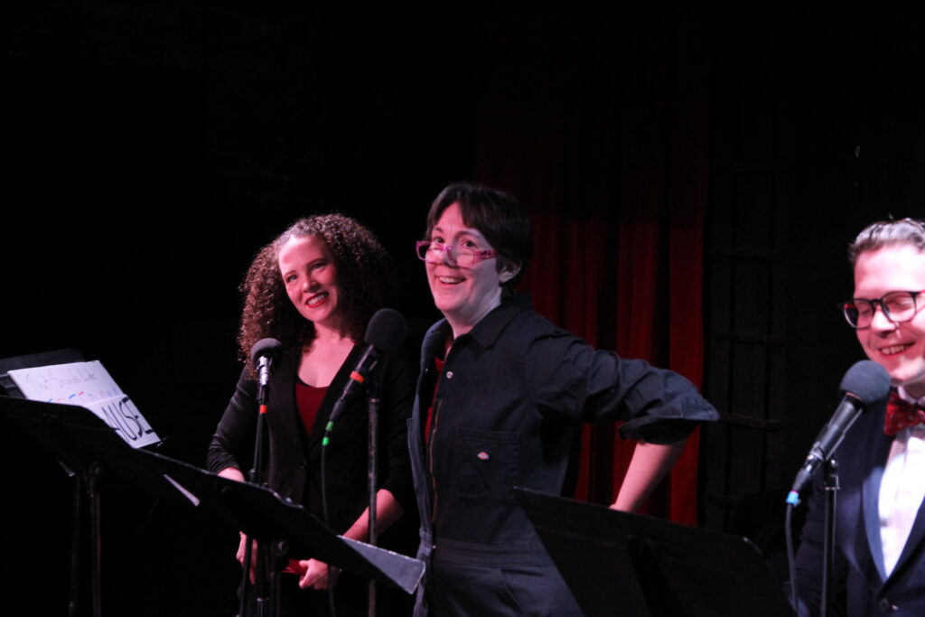 Kari Morris, D. Seth Evans, and Sarah Schoofs in THE PARDON, written by Robert A. K. Gonyo, directed by Erin Solér, in Living Radio NYC, photo by John Noel